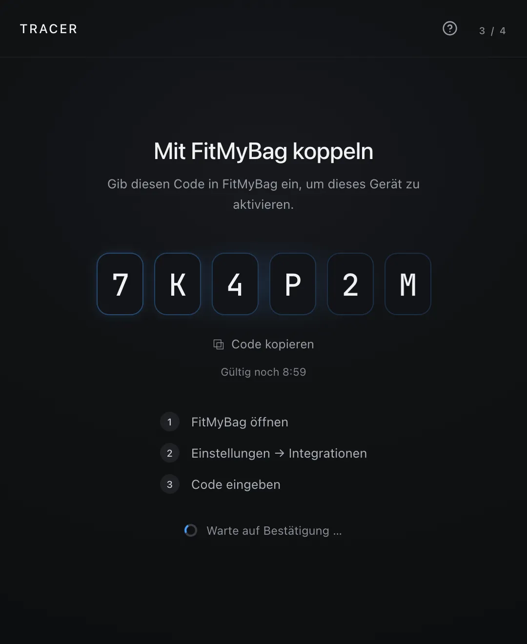 Sechsstelliger Kopplungscode in TRACER