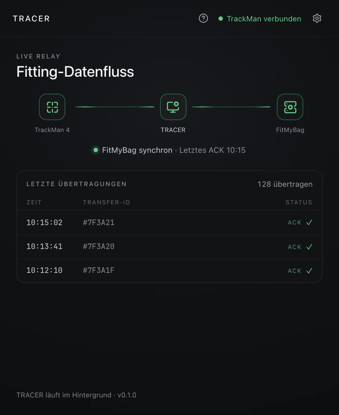 TRACER Status-Bildschirm mit Datenfluss und letzten Übertragungen